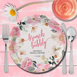Plato De Papel Brunch y Bubbly Rosa Flores Bridal Shower