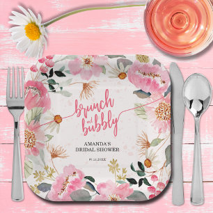 Plato De Papel Brunch y Burbujas Bridal Shower Floral Rosa