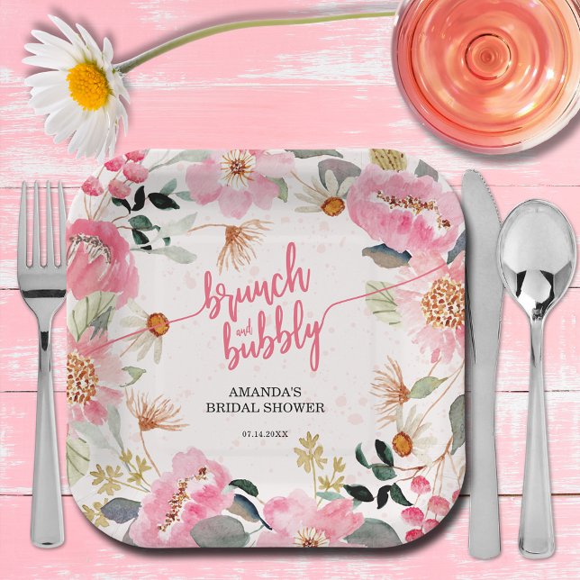 Plato De Papel Brunch y Burbujas Rosa Floral Despedida de Soltera (Brunch and bubbly pink watercolor floral bridal shower square paper plates)
