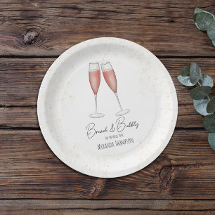 Plato De Papel Brunéi de ducha de novia rosa y acuarela burbujean