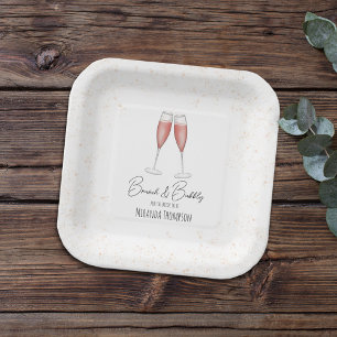 Plato De Papel Brunéi de ducha de novia rosa y acuarela burbujean
