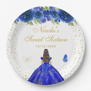 Plato De Papel Bruneta de Flores Azules Princesa Cumple Dulces Di