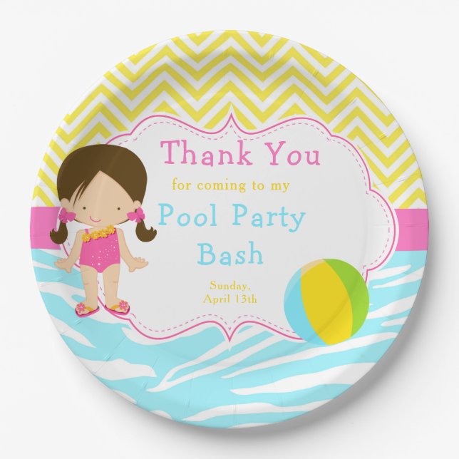 Plato De Papel Brunette Chica Pool Fiesta Bash Fiesta (Anverso)