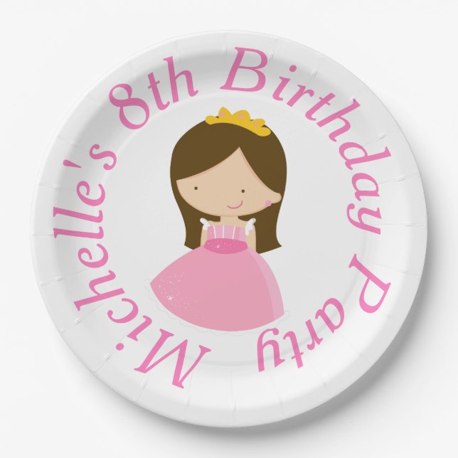 Plato De Papel Brunette Cute Princess y Dragon Birday Party (Anverso)