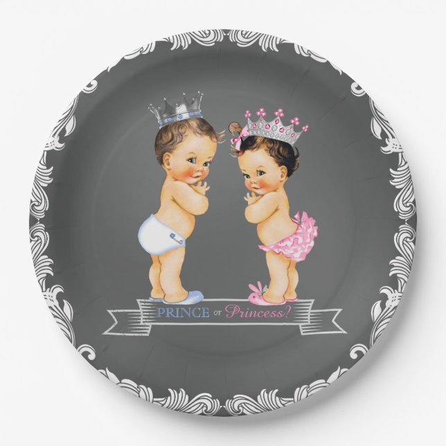 Plato De Papel Brunette Prince Princess Chalkboard Baby Shower (Anverso)