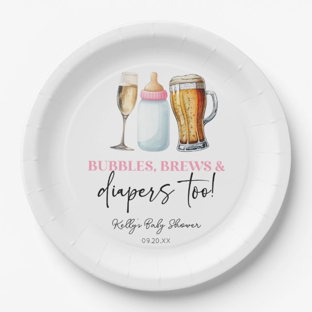 Plato De Papel Bubbles Brews and Diapers Too! Baby Shower (Anverso)