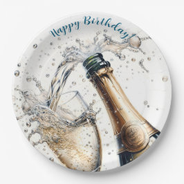 Plato De Papel Bubbly champagne Happy Birday