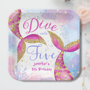 Plato De Papel Bucear en cinco Chicas rosado quinto cumpleaños