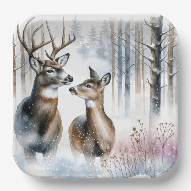 Plato De Papel Buck and Doe en Winter Woods (Anverso)