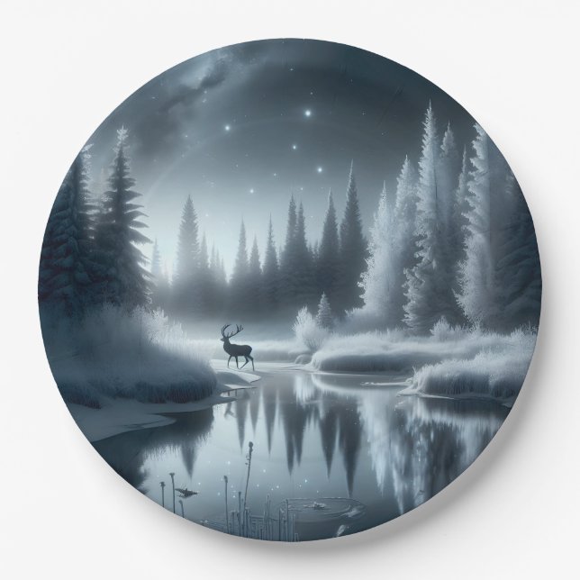Plato De Papel Buck in a Winter River de noche (Anverso)