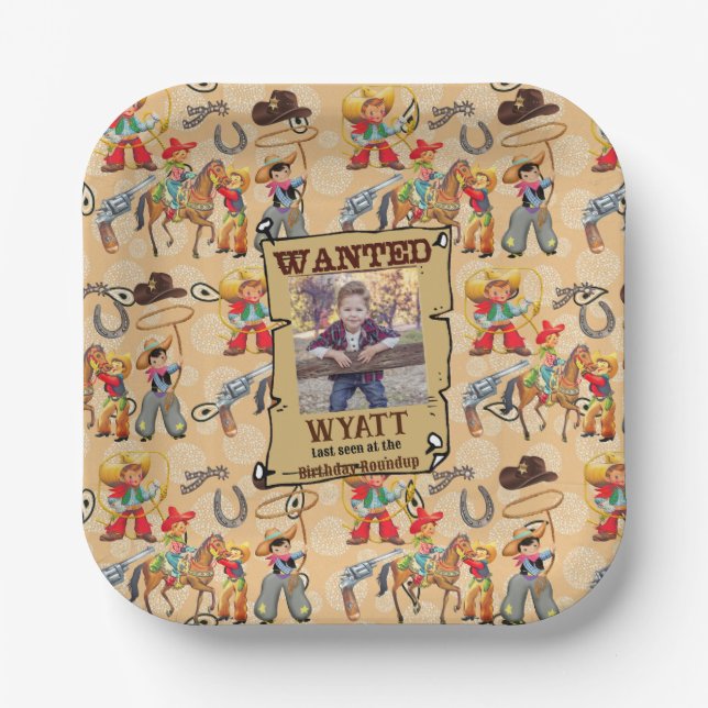 Plato De Papel Buckaroo Cowboy Boy's Birthday Photo & Name Cute (Anverso)