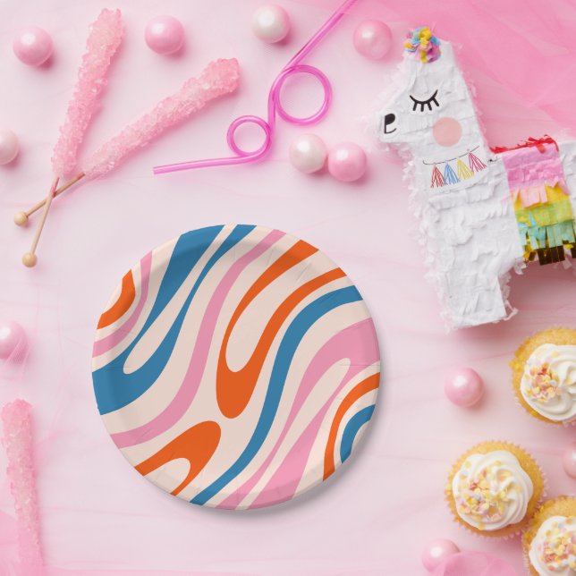 Plato De Papel Bucles ondulados Patrón abstracto retro moderno az (Fiesta)