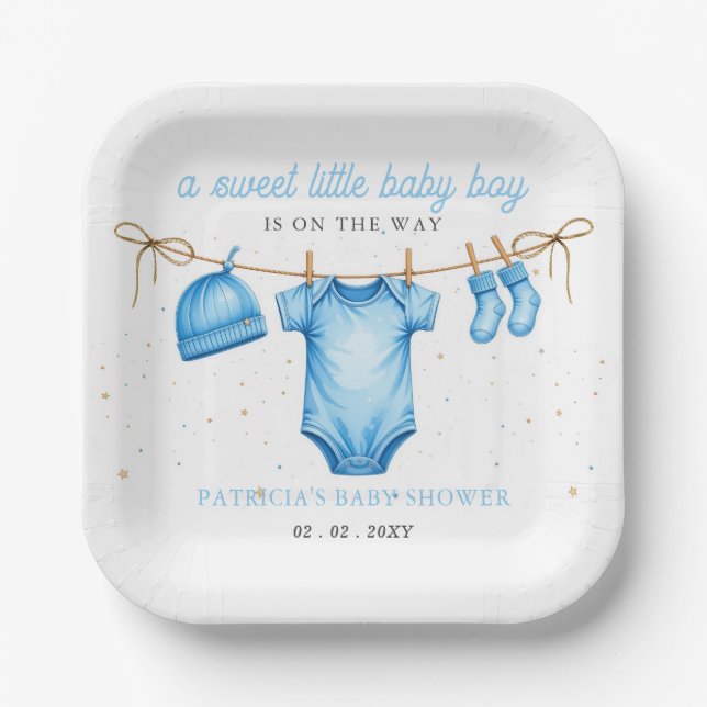 Plato De Papel Budget Clothesline Blue Boy Baby Shower invitation (Anverso)