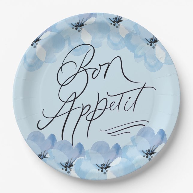 Plato De Papel Buen Provecho Floral Azul (Anverso)
