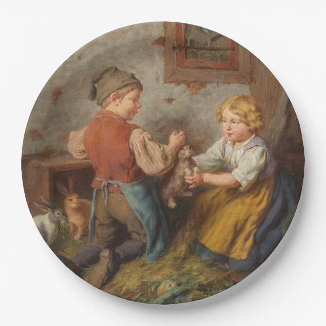 Plato De Papel Buenos Amigos (Jóvenes Jugando Con Conejo Mascota) (Anverso)