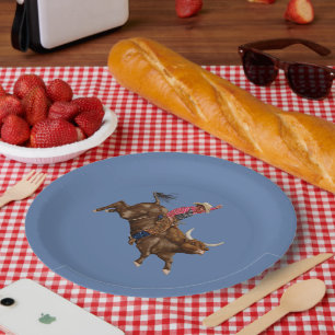 Plato De Papel Buey vintage montando vaquero