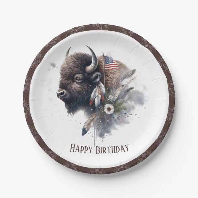 Plato De Papel Búfalo Americano Vibes de Invierno - Cumpleaños (Anverso)