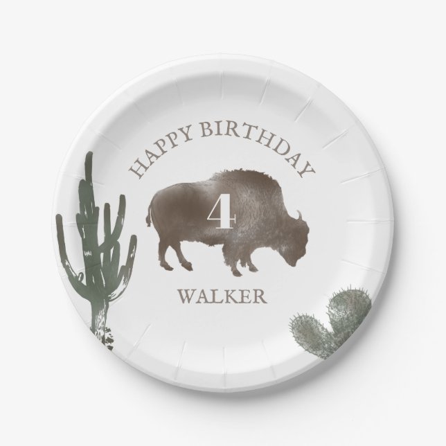 Plato De Papel Búfalo Bison Desert Cactus Ranch Western Birthday (Anverso)