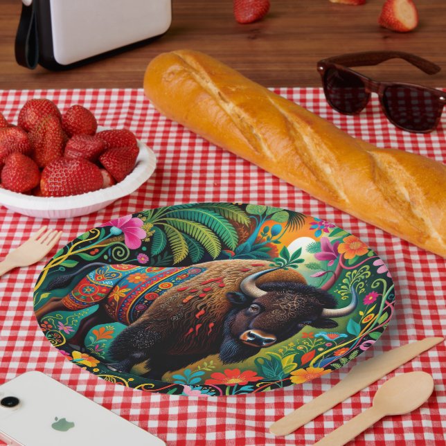 Plato De Papel Búfalo Bisonte Animal Poderoso (Picnic)