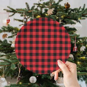 Plato De Papel Búfalo Cuadros Negro Rojo Navidad 