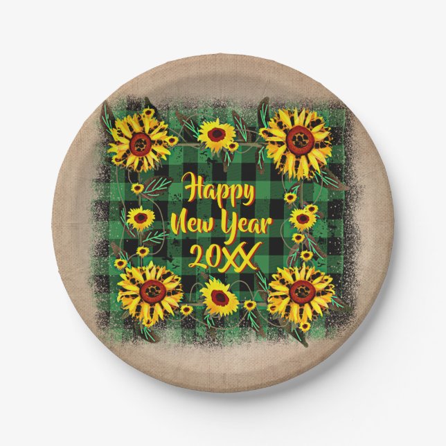 Plato De Papel Bufalo Plaid Sunflower Feliz Año Nuevo 20xx 7" (Anverso)