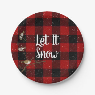 Plato De Papel Búfalo rojo y negro Let It Snow Snowflakes