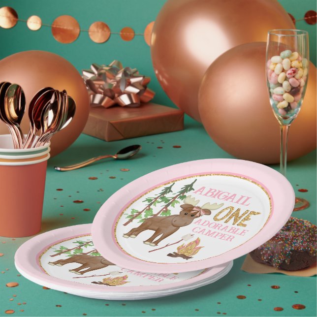 Plato De Papel Búfalo rosa de caracol primer cumpleaños con alce (Multi)