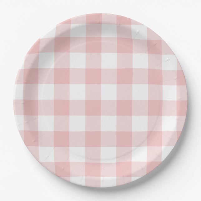 Plato De Papel Búfalo rosa y blanco Plaid Gingham (Anverso)