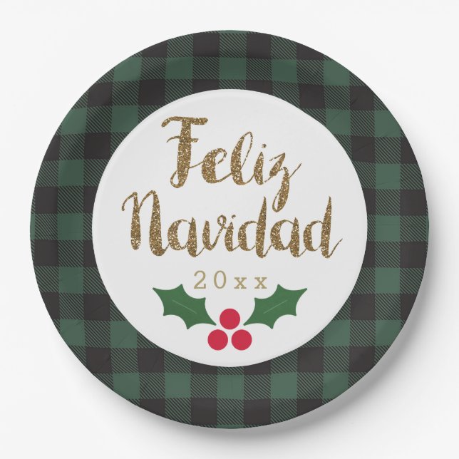Plato De Papel Búfalo verde con oro Feliz Navidad (Anverso)