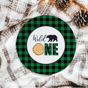 Plato De Papel Búfalo verde de oso salvaje de primer cumpleaños