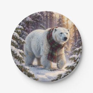 Plato De Papel Bufanda de cuadros de oso polar de acuarela navide