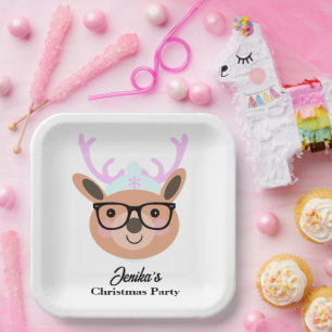 Plato De Papel Bufanda Gorra Gafas Fiesta de Navidad Reno Lindo  