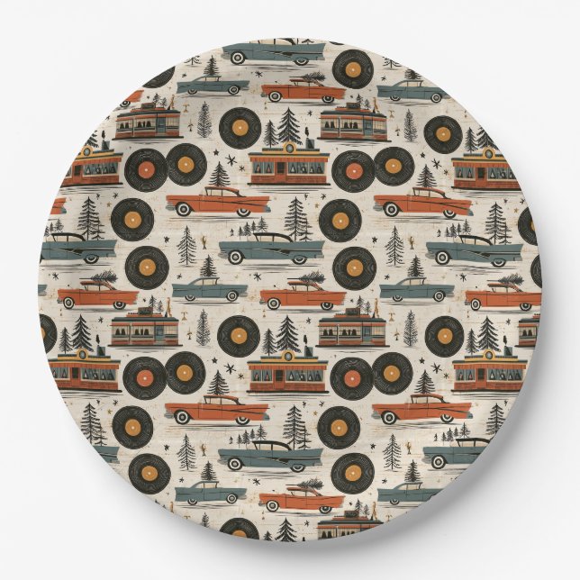 Plato De Papel Bufet estilo diner retro de Navidad (Anverso)