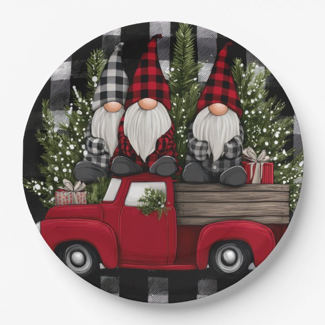 Plato De Papel Buffalo Plaid Gnomes Holiday Truck Paper Plates (Anverso)