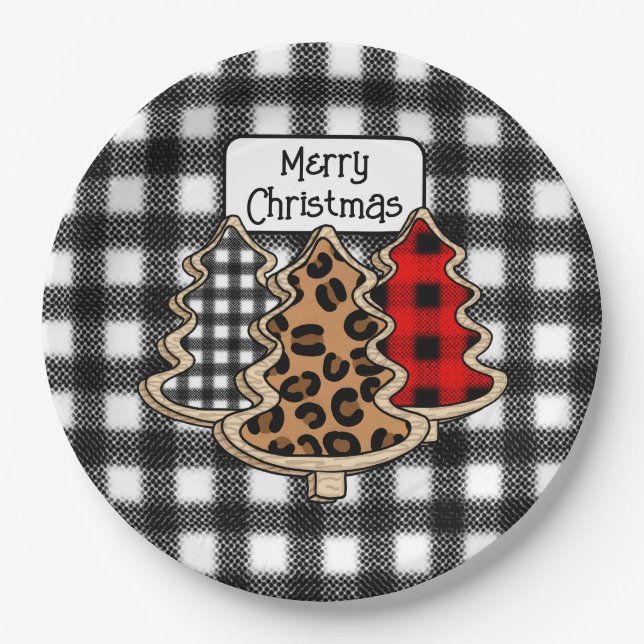 Plato De Papel Buffalo Plaid, Red Gingham Christmas Trees (Anverso)