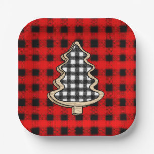 Plato De Papel Buffalo Plaid, Red Gingham Christmas Trees