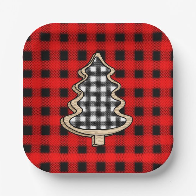 Plato De Papel Buffalo Plaid, Red Gingham Christmas Trees (Anverso)