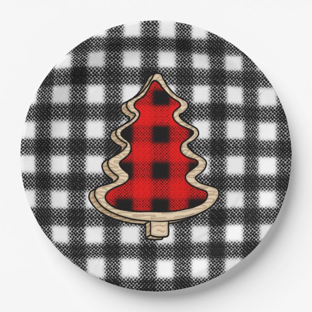 Plato De Papel Buffalo Plaid, Red Gingham Christmas Trees (Anverso)