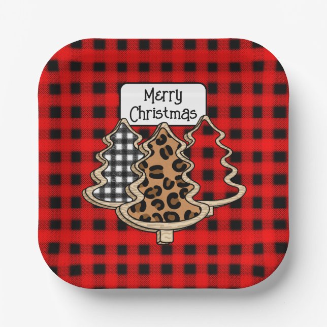 Plato De Papel Buffalo Plaid, Red Gingham Christmas Trees (Anverso)