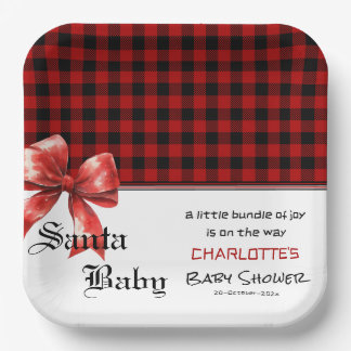 Plato De Papel Buffalo Plaid Watercolor Red Bow Baby Shower