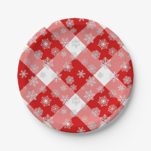 Plato De Papel Buffalo rojo y blanco con copos de nieve