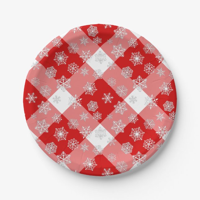 Plato De Papel Buffalo rojo y blanco con copos de nieve (Anverso)
