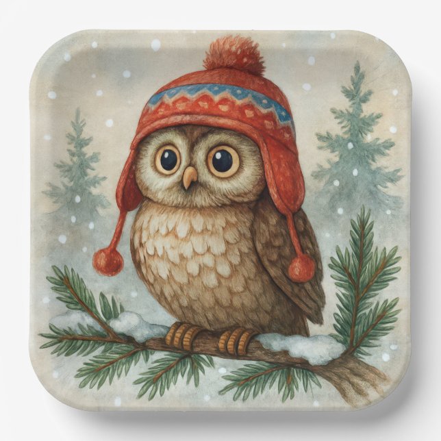 Plato De Papel Búho acuarela con gorro de invierno (Anverso)