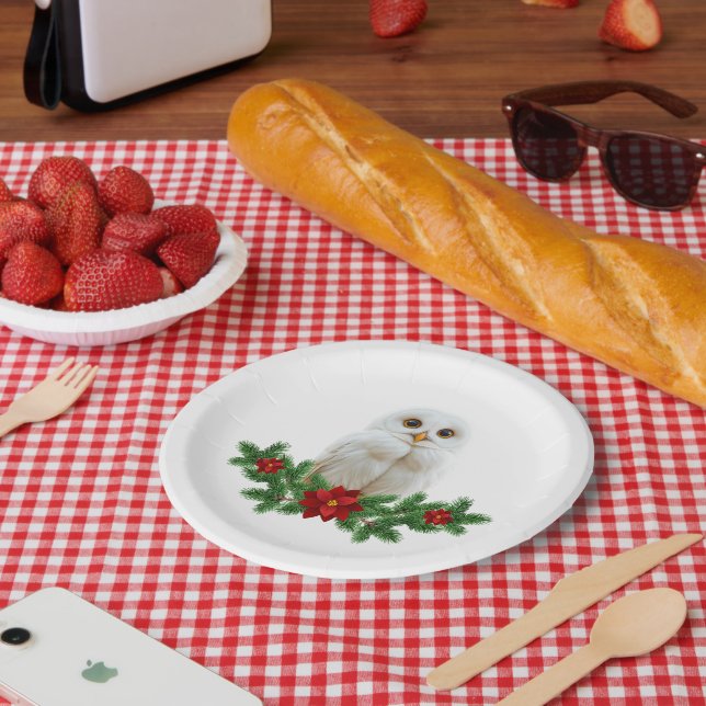 Plato De Papel Búho de Navidad de Nieve Blanca (Picnic)