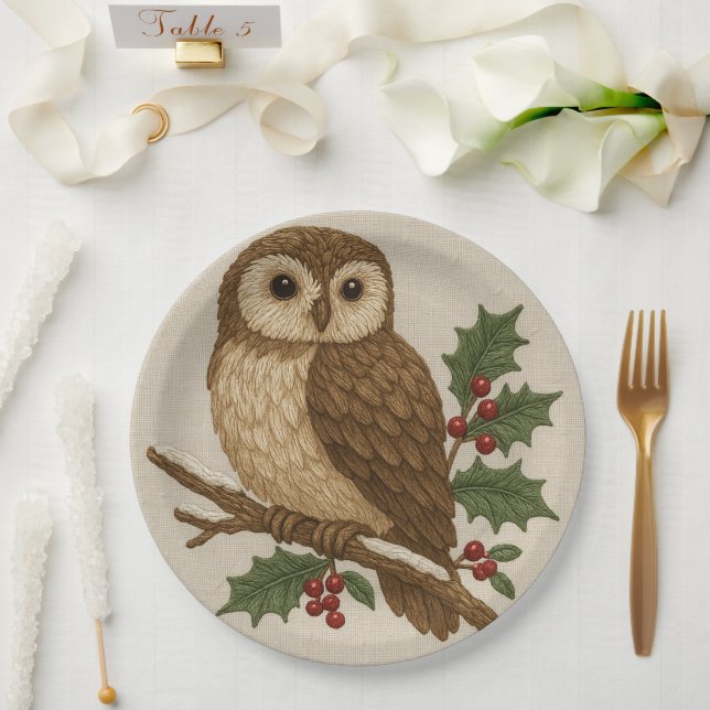 Plato De Papel búho de Navidades de bordado con holly rustic (Boda)