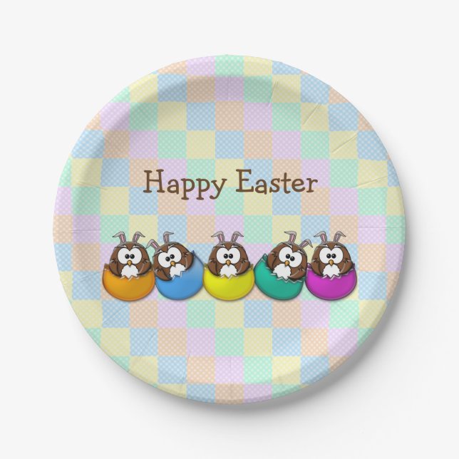 Plato De Papel Búho de Pascua - arco iris (Anverso)