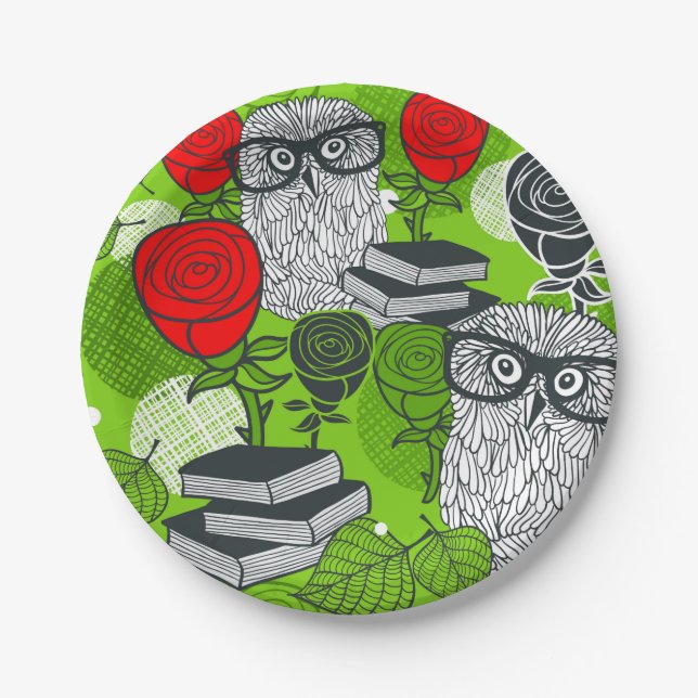 Plato De Papel Búho en rosas rojas (Anverso)