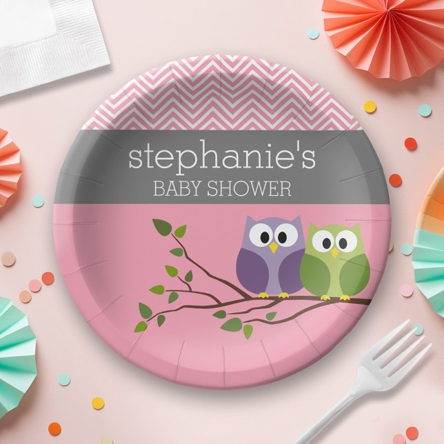 Plato De Papel Búho lindo en la rama - Bebé rosa ducha (Personalized Baby Shower Plates - Cute Woodland Owl)
