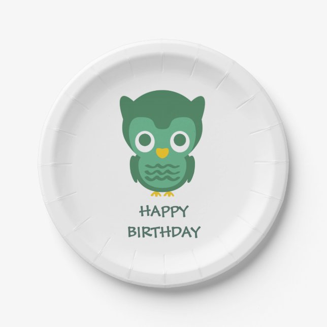 Plato De Papel Búho verde lindo-feliz cumpleaños (Anverso)