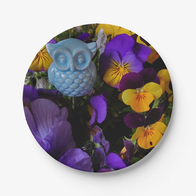 Plato De Papel Búho y Pansies (Anverso)